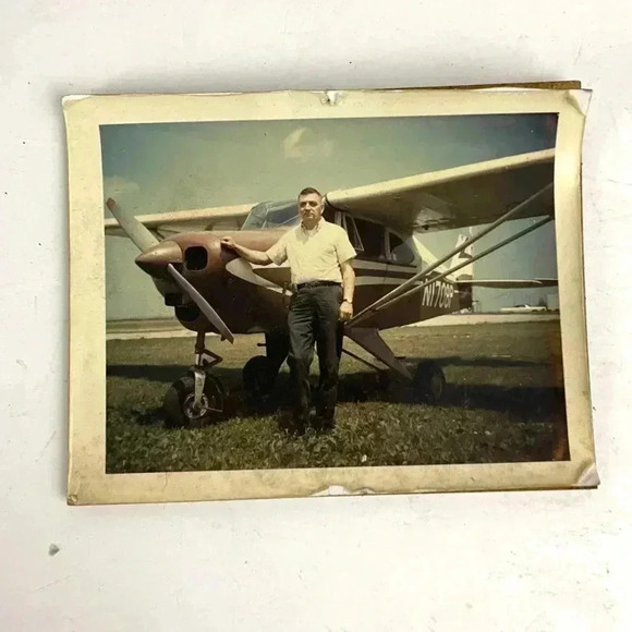 VTG Man Standing Next to Tri Pacer Photograph OOAK 1965 Roselle Field Illinois - Picture 1 of 5